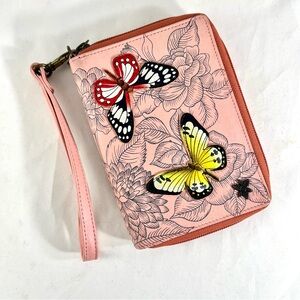ANUSCHKA Pink Leather Organizer Zipper Wristlet Butterfly Garden RFID Blocker